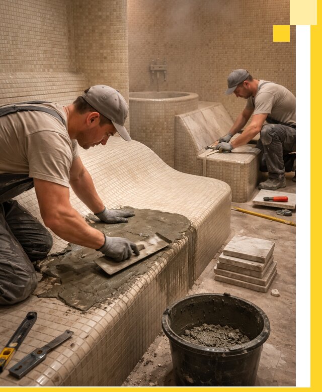 Лежаки для хамама под ключ в Ярцеве, проект и монтаж